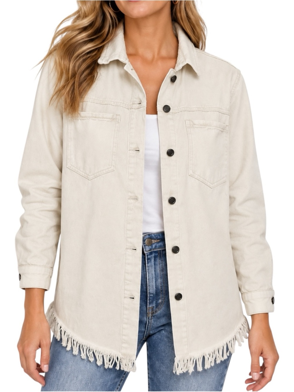 Westbound Womens Medium Cream Denim Shacket Fringe Hem Button Up Western Cotton